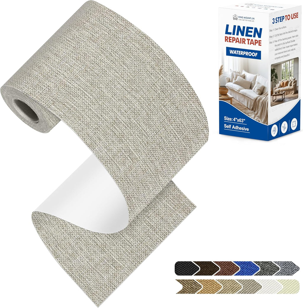 KING MOUNTAIN Linen Repair Patches, Self-Adhesive Fabric Patches, 4 X 63 inch Extra Size, Multi Color, Can be Used for Sofa Repair and Linen Clothes Repair (Cream-Gray 1.0)