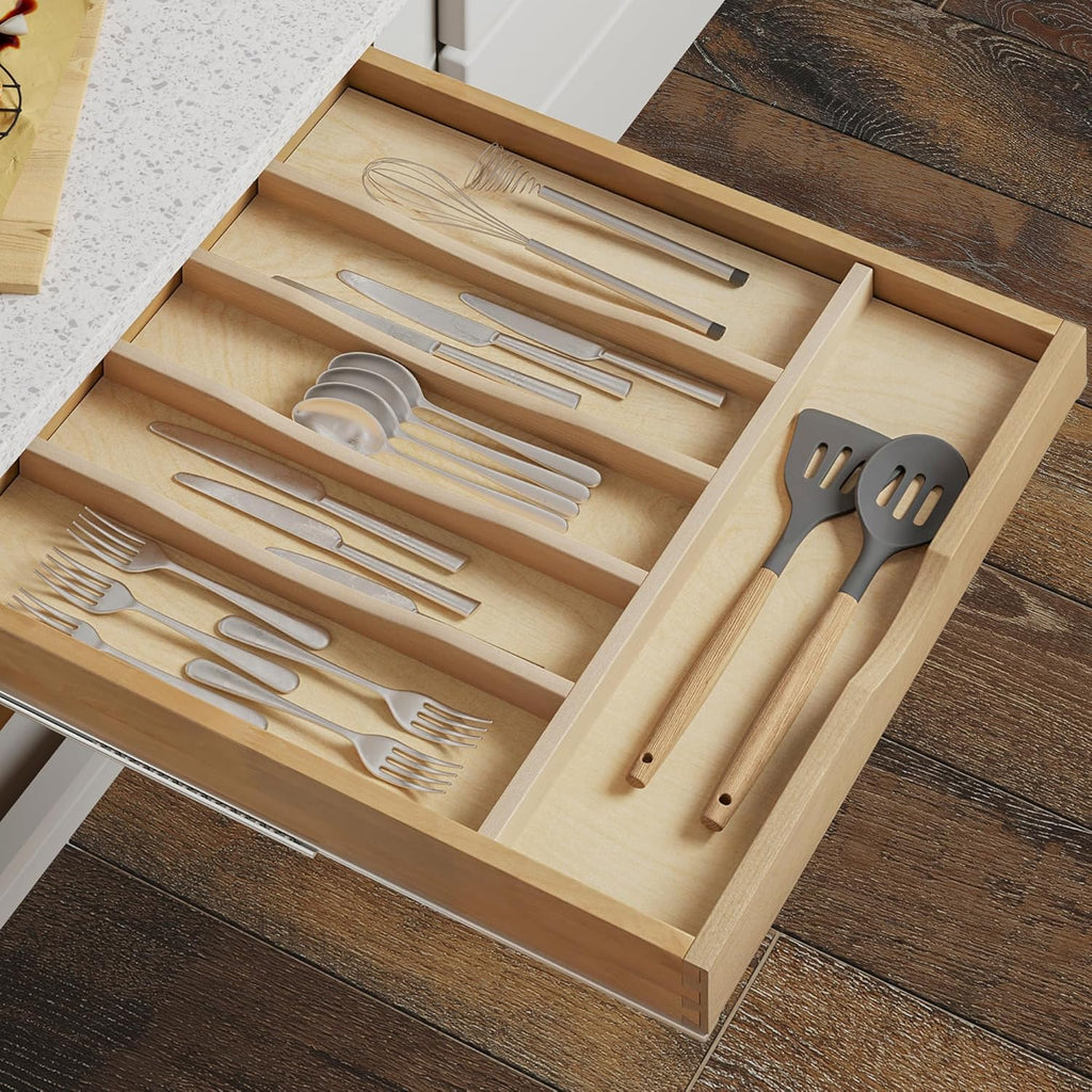 WelFurGeer Solid Birch Wood Silverware Drawer Organizer, Wooden Cutlery Drawer Organizer, Utensil Tray for Kitchen Drawers, Kitchen Utensil Organizer for Silverware, Flatware, Spoons, Forks, Knives