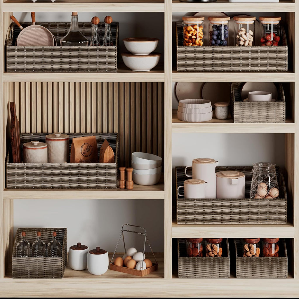 Ollieroo Rattan Storage Baskets, Handwoven Wicker Storage Bins with Built-in Handles, Storage Container Baskets for Shelves, Bedroom, Bathroom, Laundry Room or Kitchen(Brown)