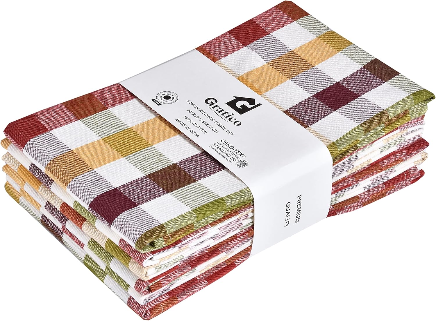 Kitchen Towels Set of 6 Multiolor Buffalo Checks 20X30 Inches, Soft Premium Cotton Highly Absorbent Towels, Washable & Reusable Tea Towel, Quick Drying Dish Cloths with Mitered Corner Towels
