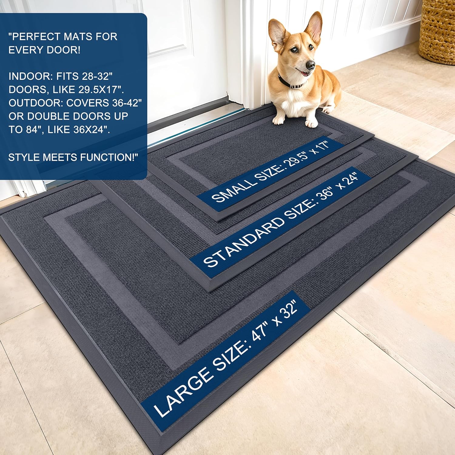 OLANLY Front Door Mat Indoor Outdoor Entrance, Waterproof All-Season, All-Weather Doormat, Sturdy Natural Rubber, Fade Resistant, Low Profile, Easy Clean Patio Porch Entryway Mat, 47x23, Light Grey