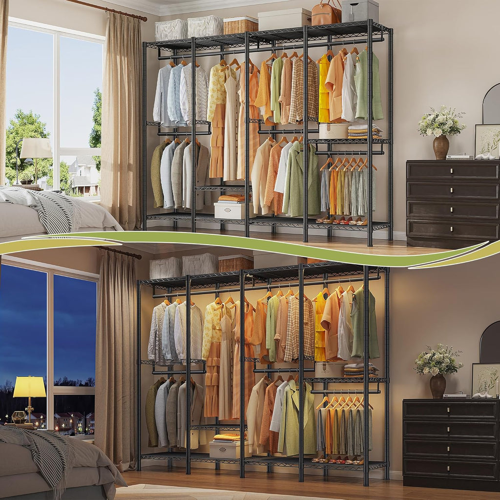 Raybee Heavy Duty Clothes Rack for Hanging Clothes,Clothing Rack with Shelves, Adjustable,76" W x 77" H x 18" D,Max Load 1150lbs,Black