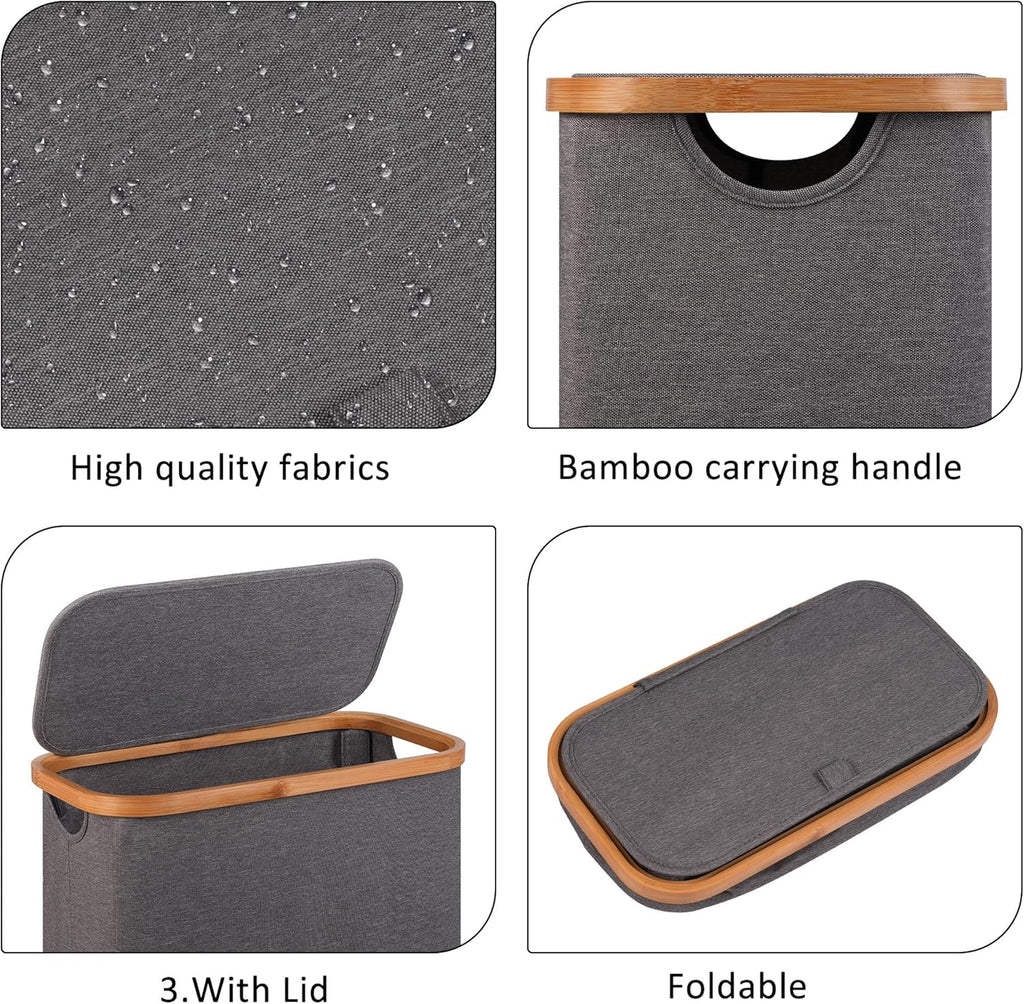Slim Laundry Basket,60L Laundry Hamper with Lid, Tall Hamper for Laundry,Dirty Cloth Hamper with Bamboo Handle for Toys,Towels, Clothes Organizing,Grey