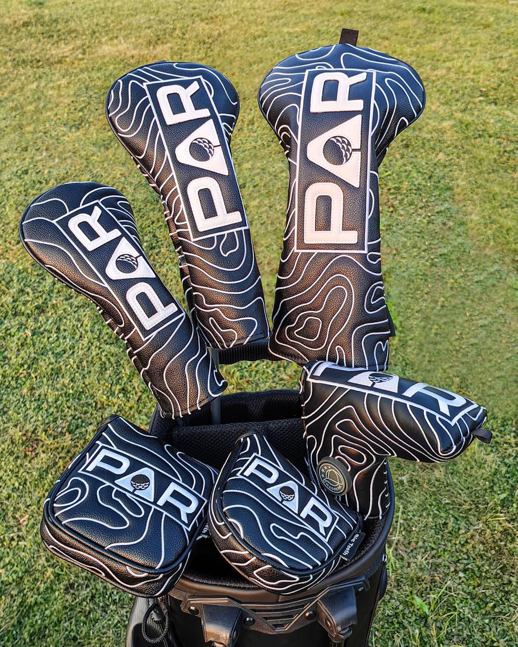 Big Teeth Golf Club Covers Full Set Driver Headcover Fairway Wood Hybrid Golf Club Iron Head Covers, Topographic Edition Putter Cover Leather Golf Head Covers Pure Black, Gifts for Men