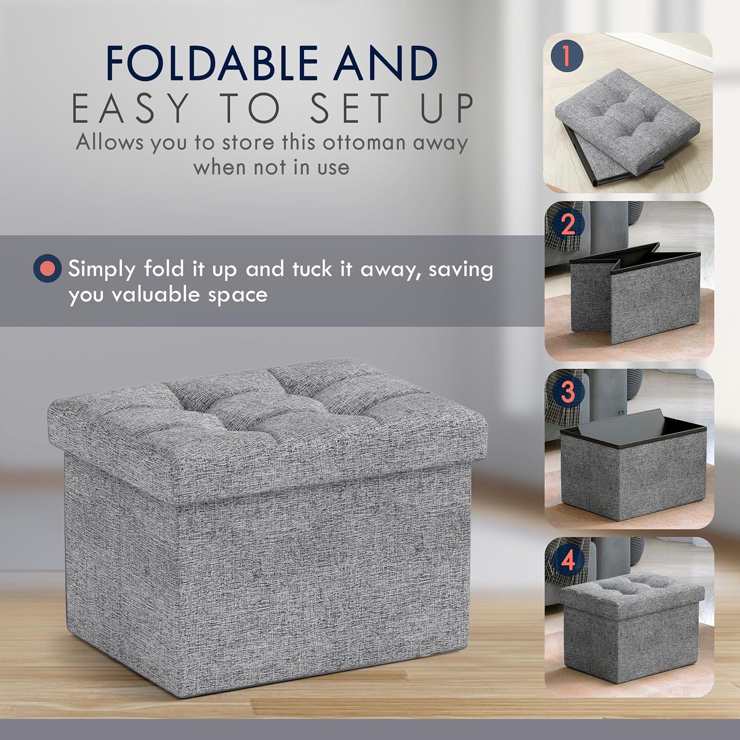 Ornavo Home Small Storage Ottoman Foldable Collapsible Rectangle Linen Ottoman Foot Rest Stool Seat, for Living Room, Bedroom, Home Office, Dorm - 12 x 16 x 12, Gray