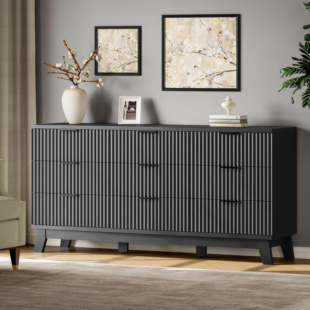 Fluted Dresser with 9 Drawers, 63" Wide Modern Chest of Drawers with Metal Handle, Wooden Dresser TV Stand, Wood Closet Clothes Storage Organizer for Bedroom, Living Room, Hallway, Solid Black