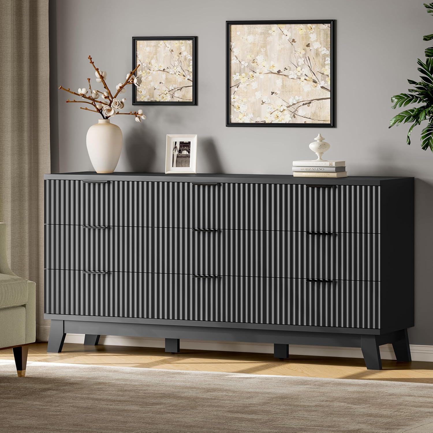 Fluted Dresser with 9 Drawers, 63" Wide Modern Chest of Drawers with Metal Handle, Wooden Dresser TV Stand, Wood Closet Clothes Storage Organizer for Bedroom, Living Room, Hallway, Solid Black