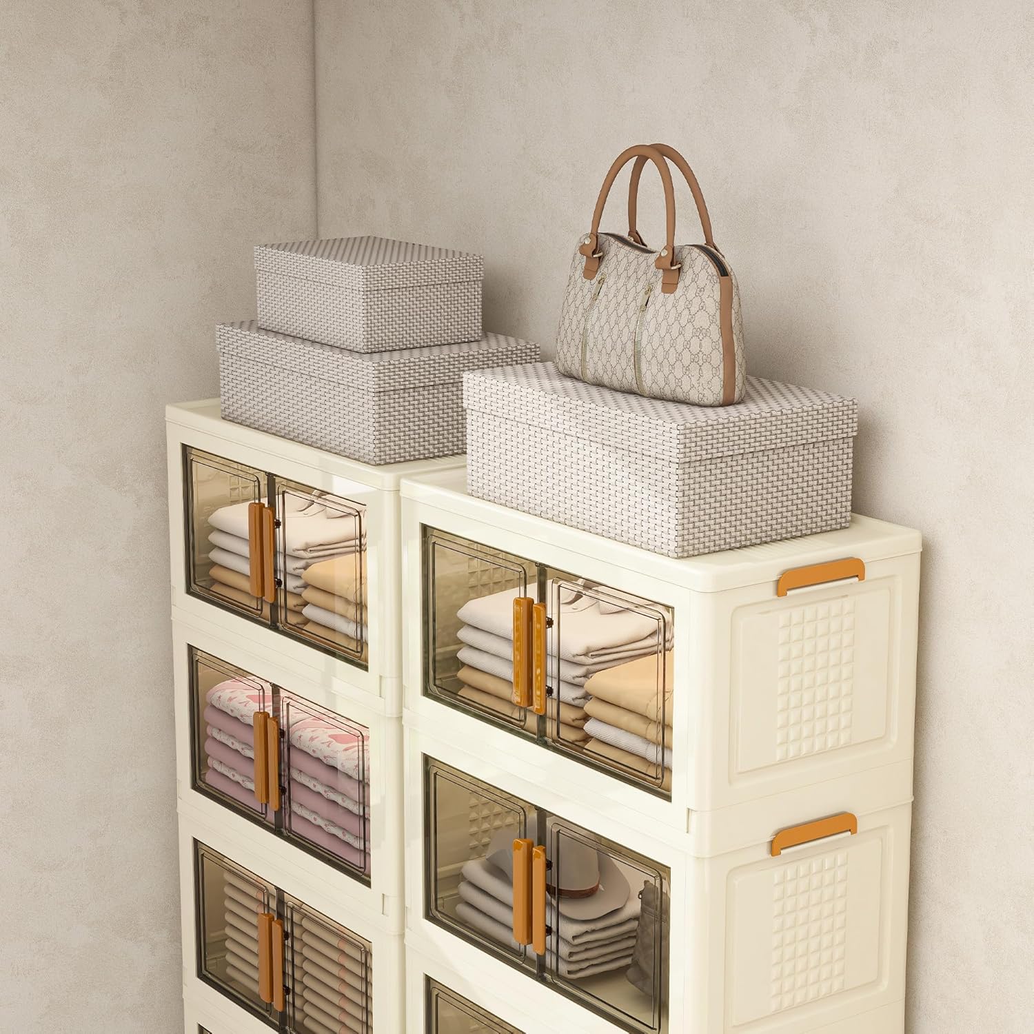 Plastic Stackable Storage Bins with Lids and Wheels, Foldable Closet Organizers and Storage Containers for Bathroom, Collapsible Clear Drawer Storage Cabinet with Doors White 11.4Gal 4Tiers