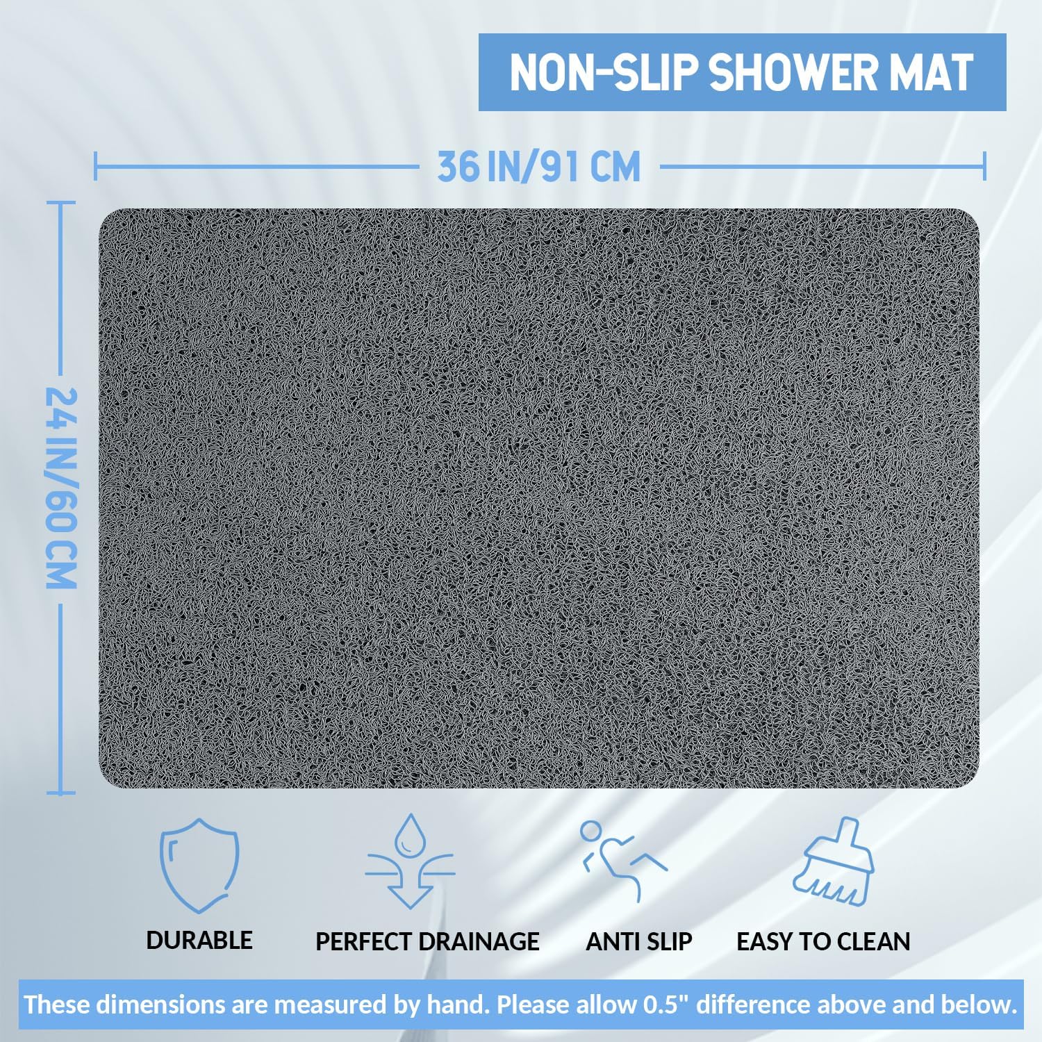 Non-Slip Bathtub Mat, Anti Slip Shower Mat, Fast Drying Bathtub Mats, Foot Scrubber Mat, Anti Slip Mat for Tub, Floor, Bathroom, Kitchen, Home, Hotel (Grey 36"×24")