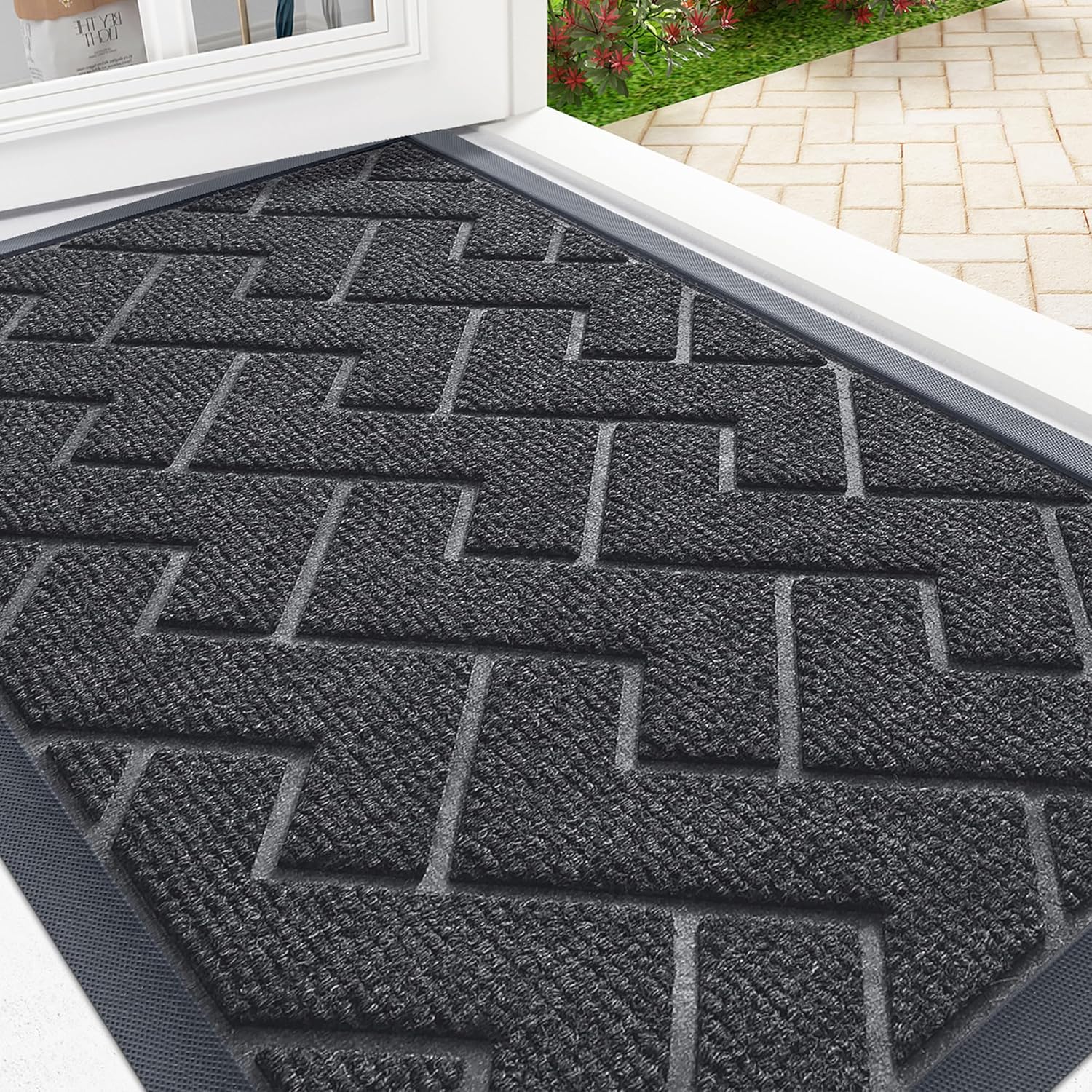 OLANLY Front Door Mat Indoor Outdoor Entrance, Waterproof All-Season, All-Weather Doormat, Sturdy Natural Rubber, Low Profile, Easy Clean Patio Porch Entryway Mat, Herringbone Brick (Grey, 36x24)