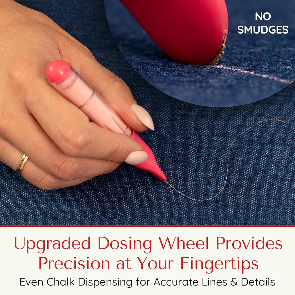 Fabric Markers for Sewing – Ergonomic Tailors Chalk Pen with Improved Dosing Wheel for Sharp Lines - Washable Sewing Chalk Marking Pens that are Compatible with Most Fabrics - Pink 1 Pack