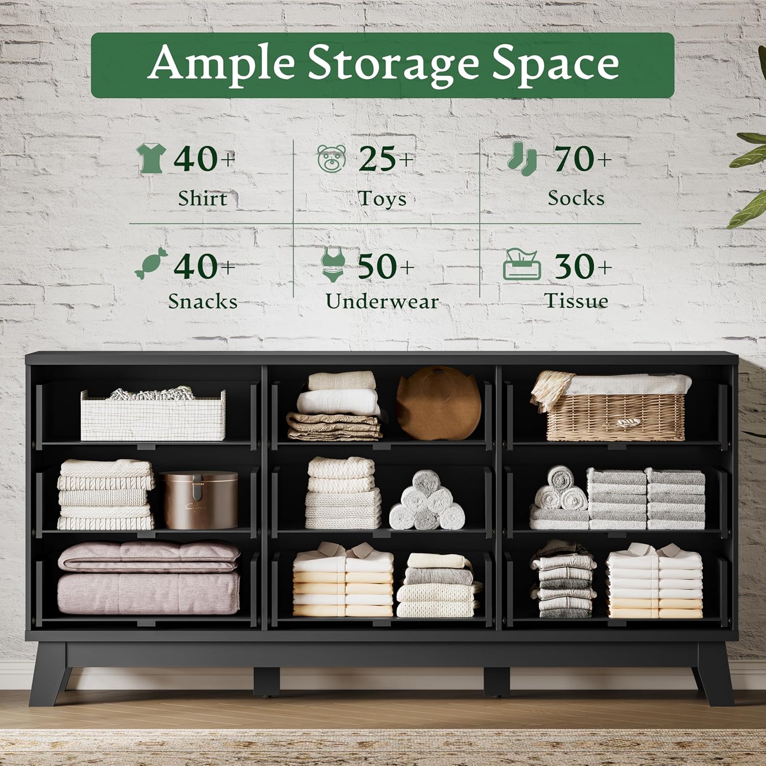 Fluted Dresser with 9 Drawers, 63" Wide Modern Chest of Drawers with Metal Handle, Wooden Dresser TV Stand, Wood Closet Clothes Storage Organizer for Bedroom, Living Room, Hallway, Solid Black