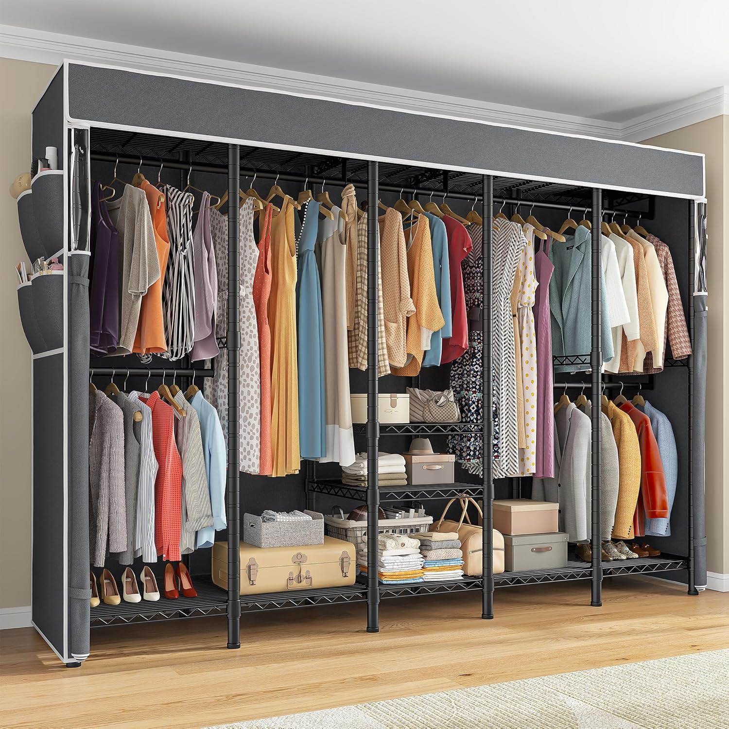 Raybee 90.6" W Clothes Rack with Cover Heavy Duty Clothing Rack with Cover Loads 1200LBS Freestanding Garment Rack for Bedroom, Black