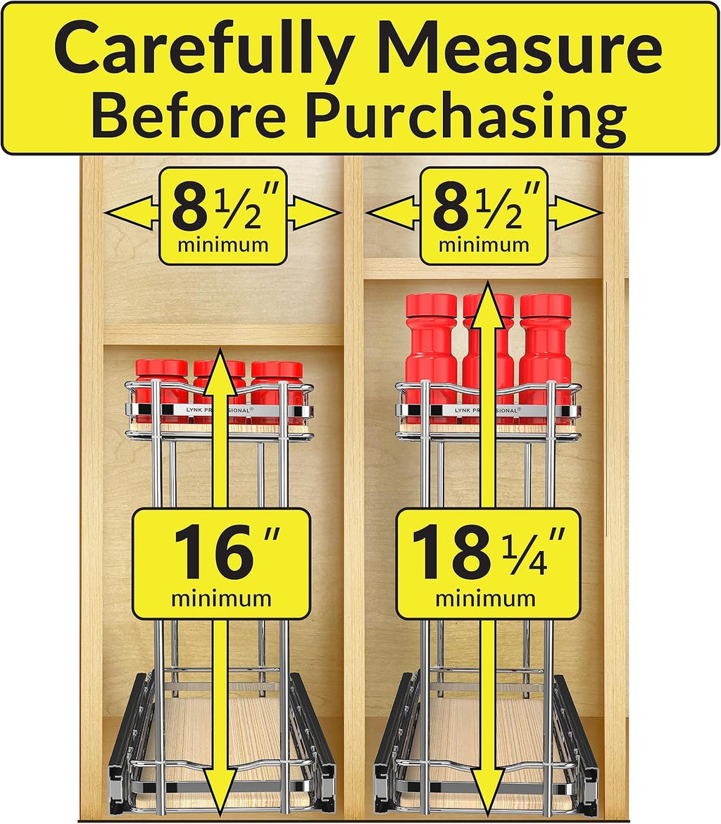LYNK PROFESSIONAL® Élite™ Pull Out Spice Rack Organizer for Inside Kitchen Cabinets - 6"x21" - Slide Out Drawer – Wood/Chrome Sliding Spice Cabinet Organization Shelf Racks - 2 Tier