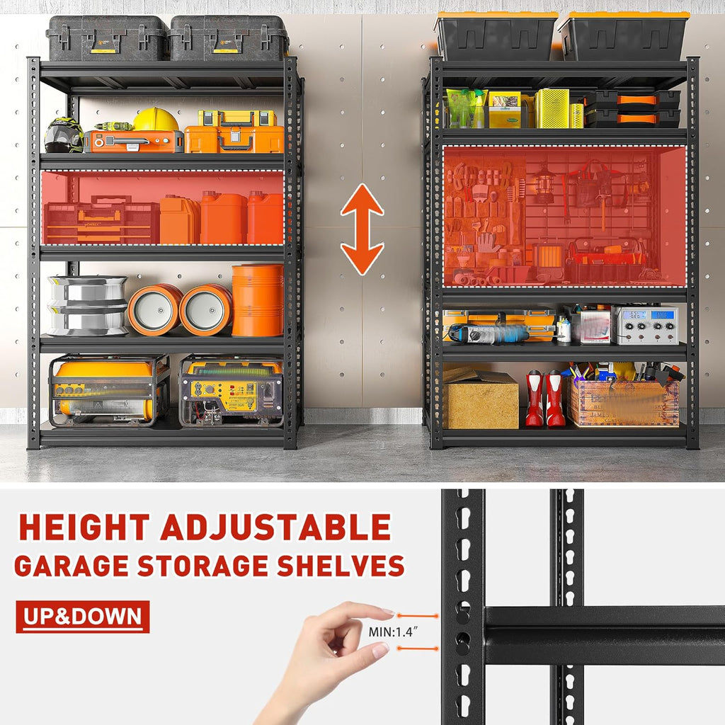 REIBII 72" H Garage Shelving Load 2500 LBS, Heavy Duty Storage Shelves, 5-Tier Adjustable Garage Shelves for Warehouse, Basement, 72" H x36 W x18 D, Black