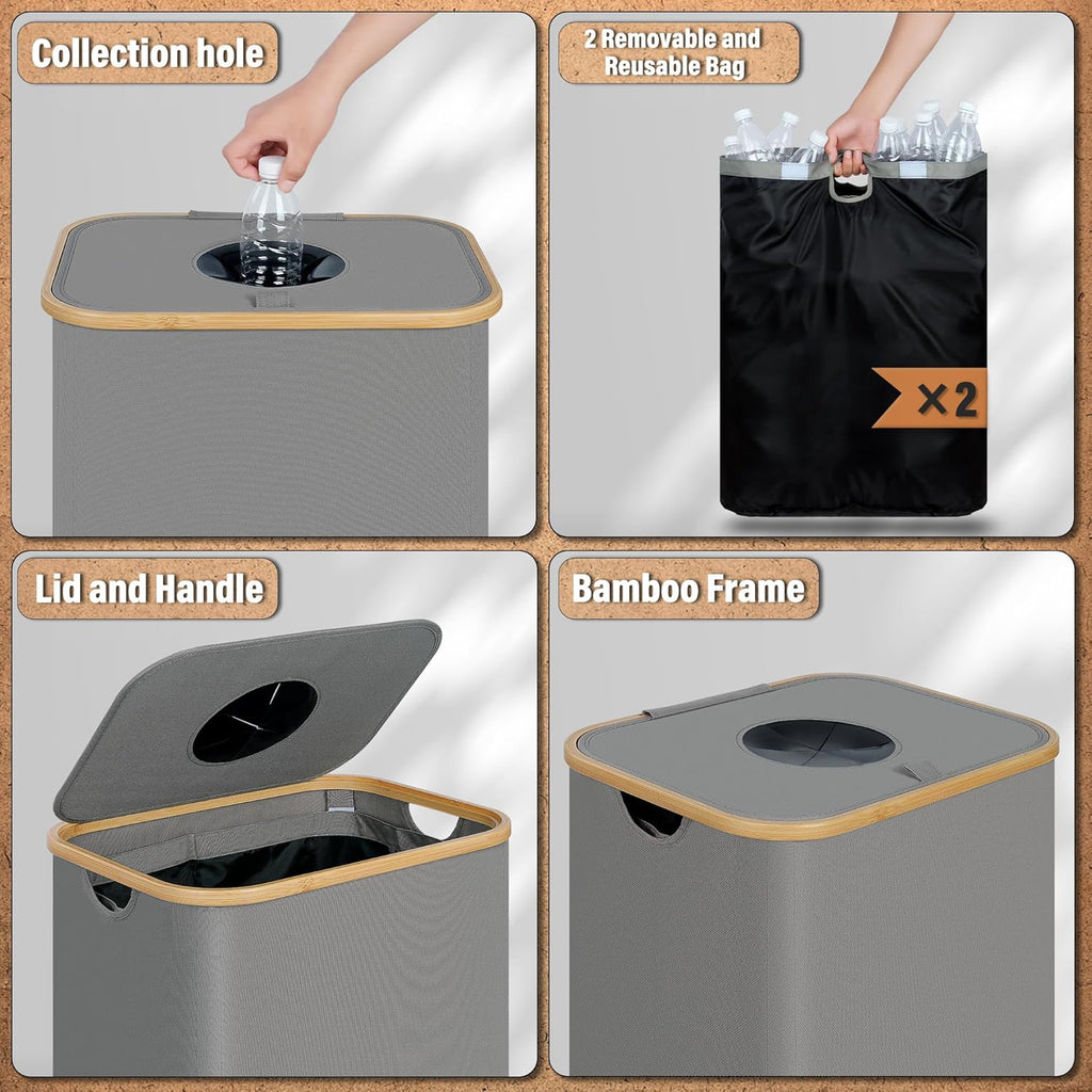 efluky Recycle Bin 26 Gallon, 100L Recycle Bin for Kitchen with 2 Removeable and Reusable Inner Bag, Large Recycling Bin with Lid for Bottle Can Plastice Stickers (Grey)