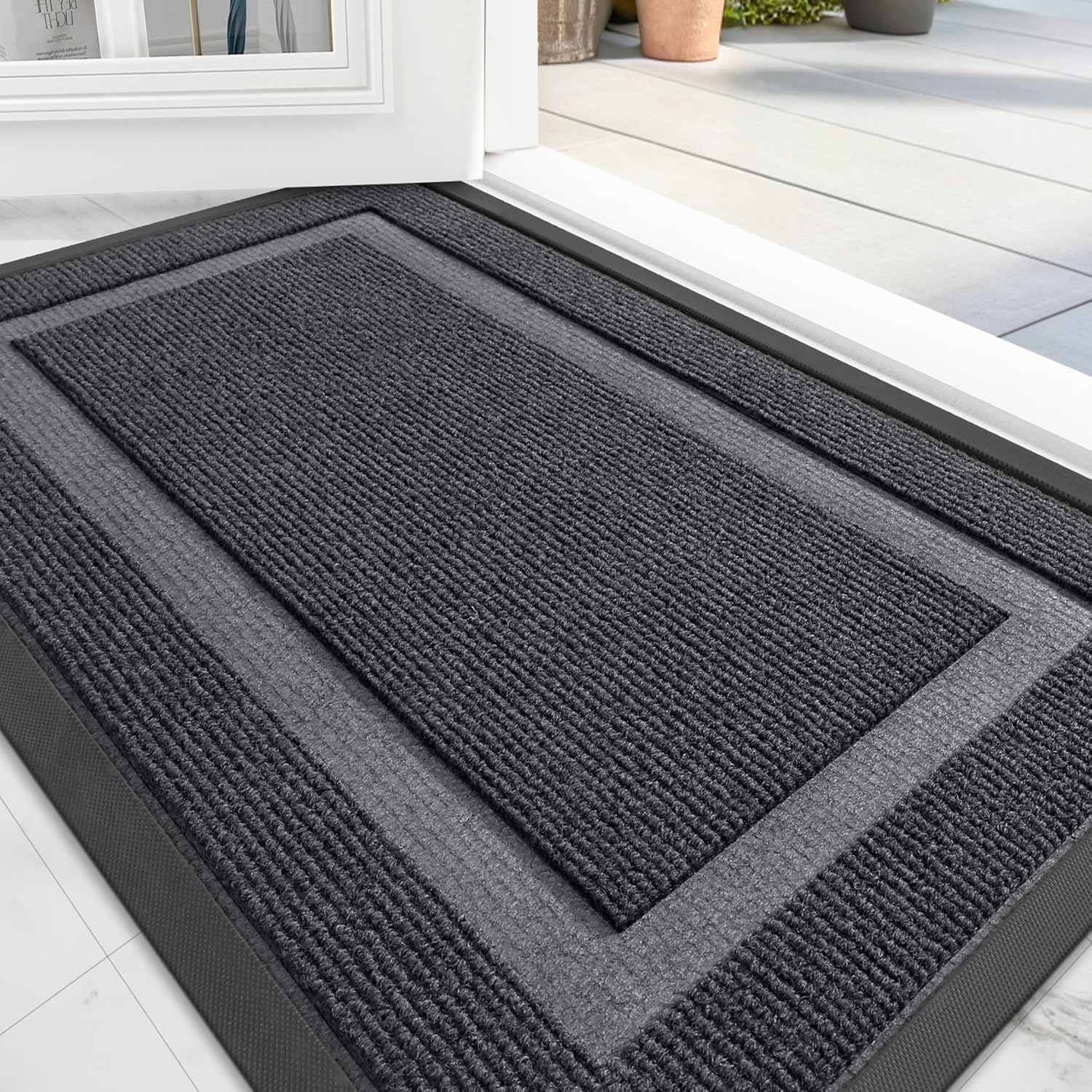 OLANLY Front Door Mat Indoor Outdoor Entrance, Waterproof All-Season, All-Weather Doormat, Sturdy Natural Rubber, Fade Resistant, Low Profile, Easy Clean Patio Porch Entryway Mat, 29.5x17, Grey
