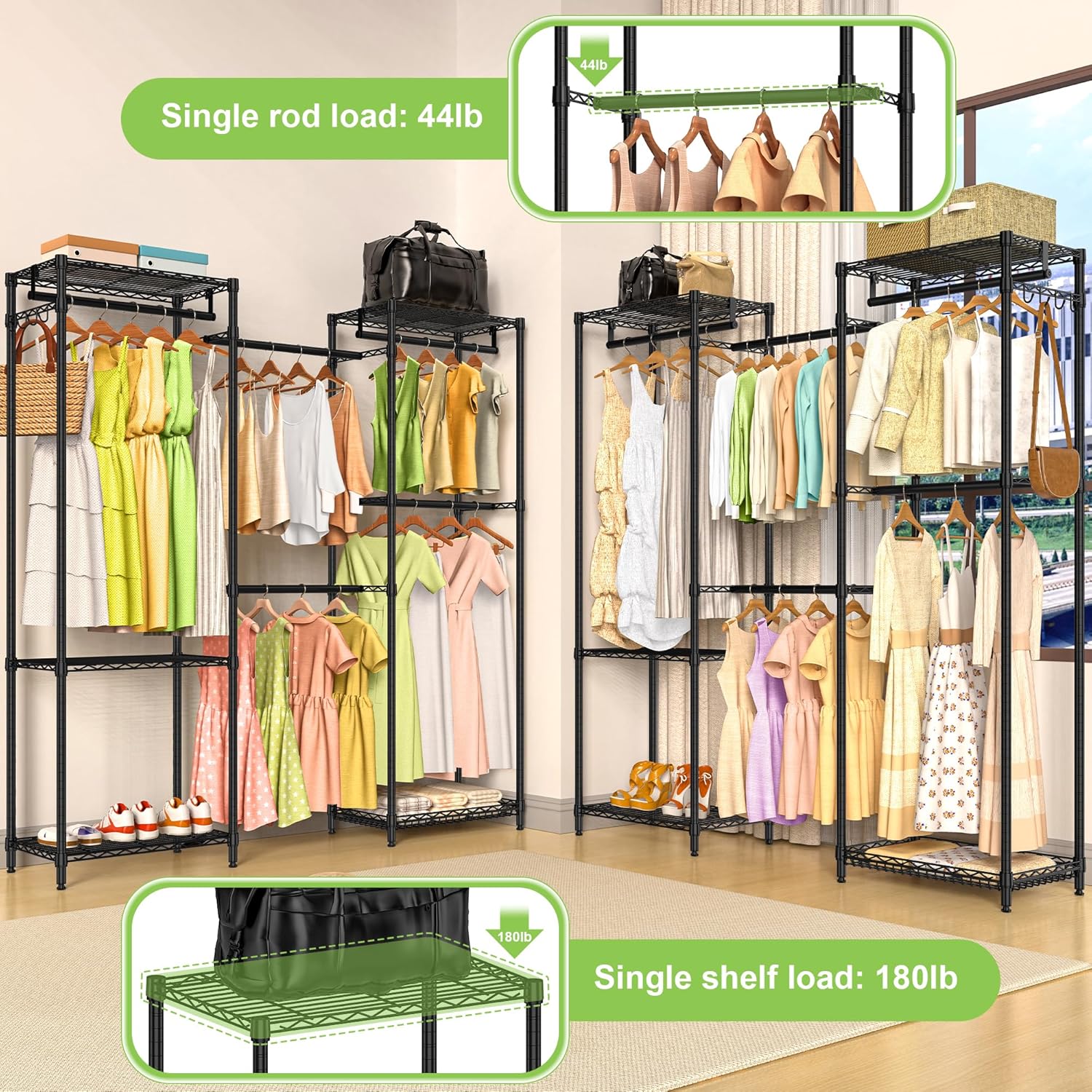 Heavy Duty Clothes Rack, Freestanding Garment Rack System Closet Organizer for Hanging Clothes, Metal Wire Clothing Rack with 5 Shelves & 5 Rods,Adjustable Wardrobe Shelf,Black