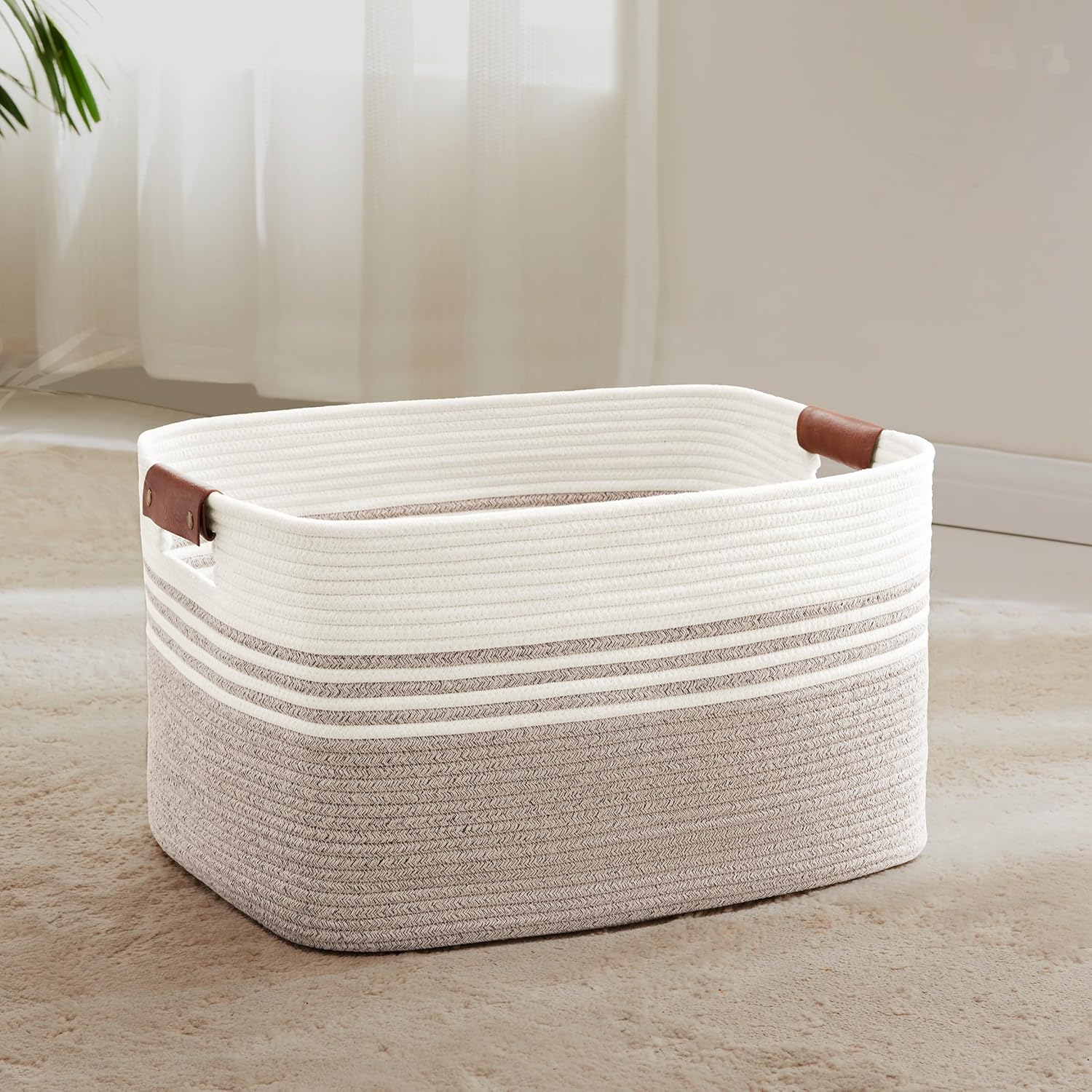 60L Large Laundry Basket with Leather Handles for Living Room Storage, Woven Rope Baskets Bin for Blanket, Kids Toy, Gifts, Wicker Hamper for Bedroom Dirty Clothes, 21"x15"x11" White Brown