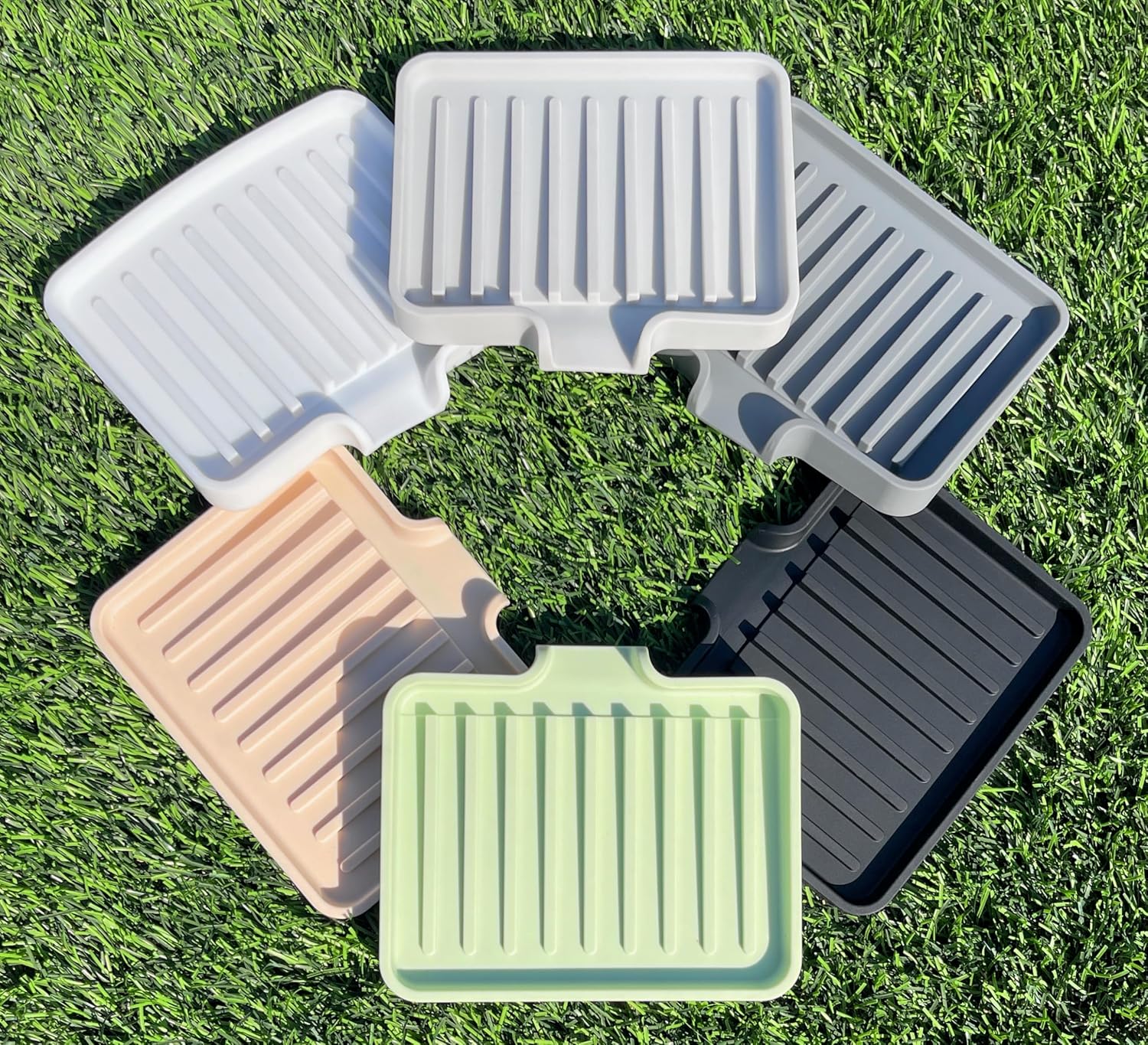 Happitasa Silicone Soap Dish Tray and Sponge Holder with Drain Chute, Pack of 2 | Bathroom and Kitchen Sink Organizer Caddy (Light Grey, 5.2"x4", 7.2 Ounces)