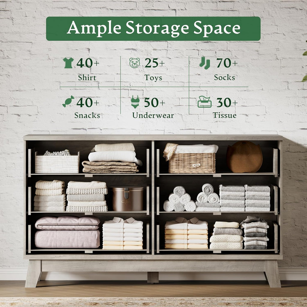 Fluted Dresser with 6 Drawers, 54" Wide Modern Chest of Drawers with Metal Handle, Wooden Dresser TV Stand, Wood Closet Clothes Storage Organizer for Bedroom, Living Room, Hallway, Light Grey
