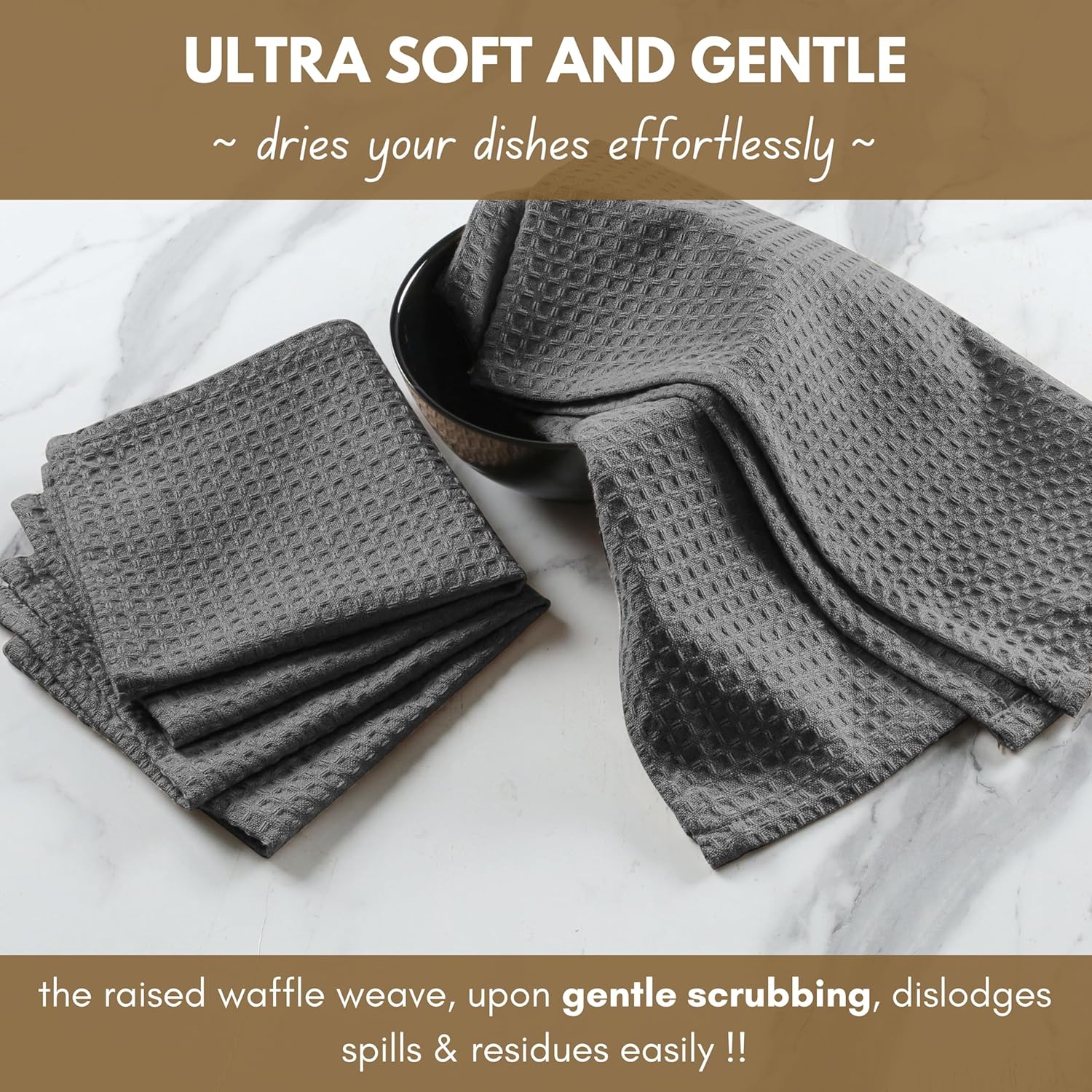 Native Fab Cotton Kitchen Towel - 16x26 inches, 6 Pack, Waffle Weave Kitchen Towels for Cleaning, Drying, Washcloths with Hanging Loop, Soft & Absorbent Dish Cloths, Grey
