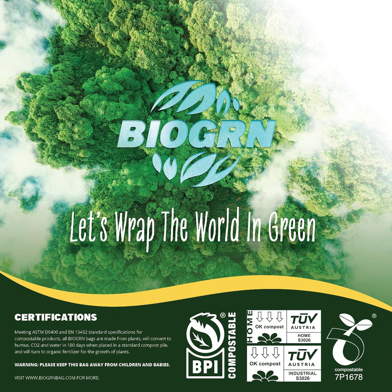 2.6-3 Gallon Compostable Trash Bags Drawstring 50 Bags Extra Thick 1 Mil 11.36 Liter Small Biodegradable Trash Bags for Kitchen Countertop Bin ASTM D6400, US BPI and OK Compost Home Certified