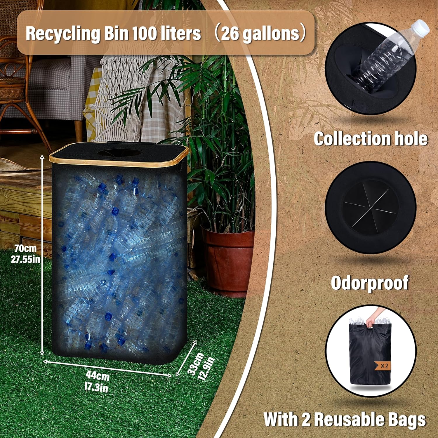 efluky Recycling Bin for Kitchen 26 Gallon, 100L Recycle Bin with 2 Removeable and Reusable Inner Bag, Large Recycling bin with lid for Bottle Can Plastice Stickers (Black)