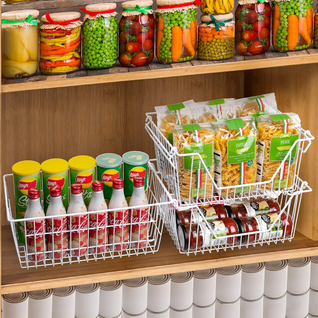 SANNO Wire Metal Baskets Freezer Baskets Farmhouse Organizer Storage Bins Large Organizer Bins for Shelf Storage, Office, Bathroom, Pantry Organization Storage Bins Rack with Handles-Set of 6