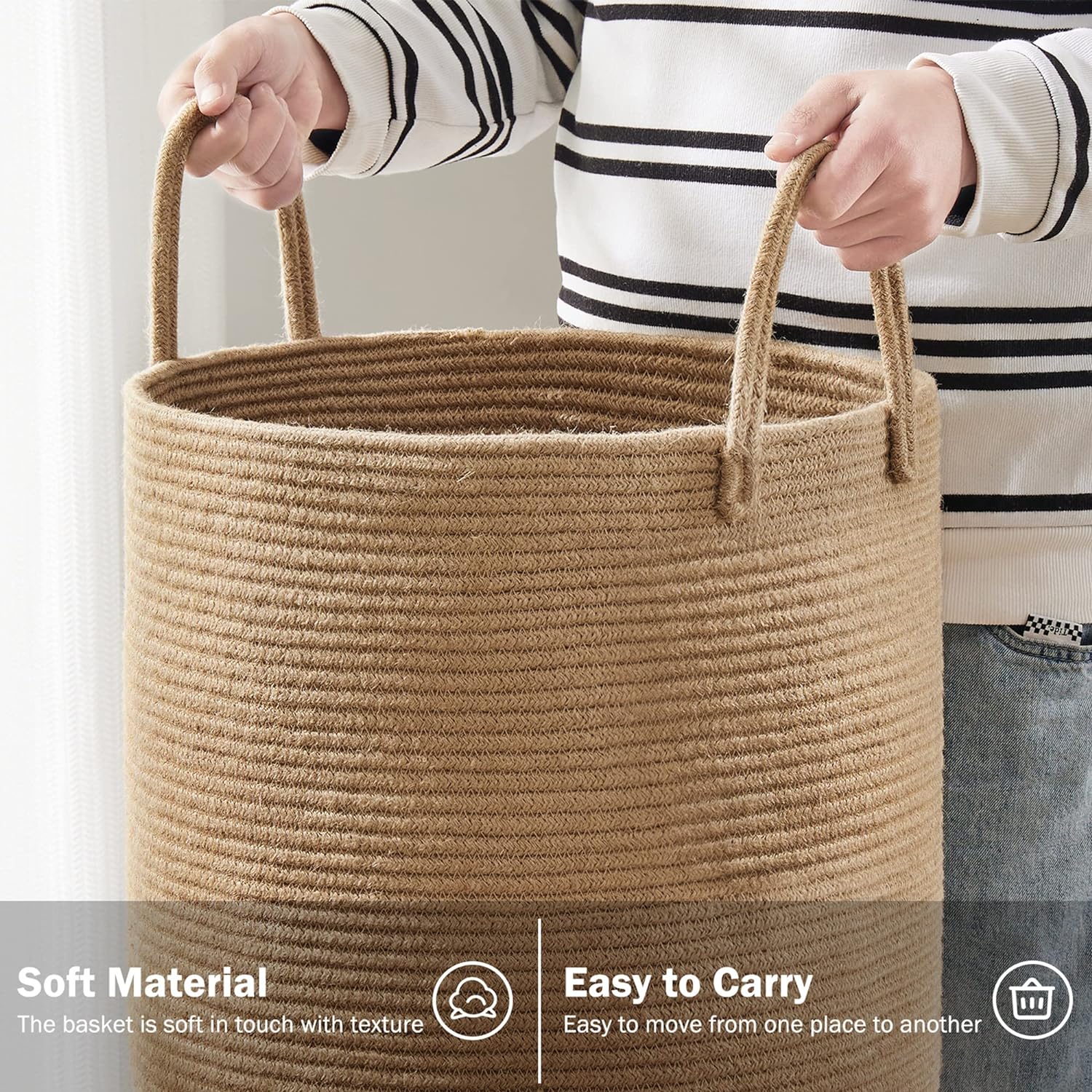 Jute Rope Laundry Hamper Basket by YOUDENOVA, 58L Tall Laundry Basket, Baby Nursery Hamper for Blanket Storage for Bedroom-Large-Jute