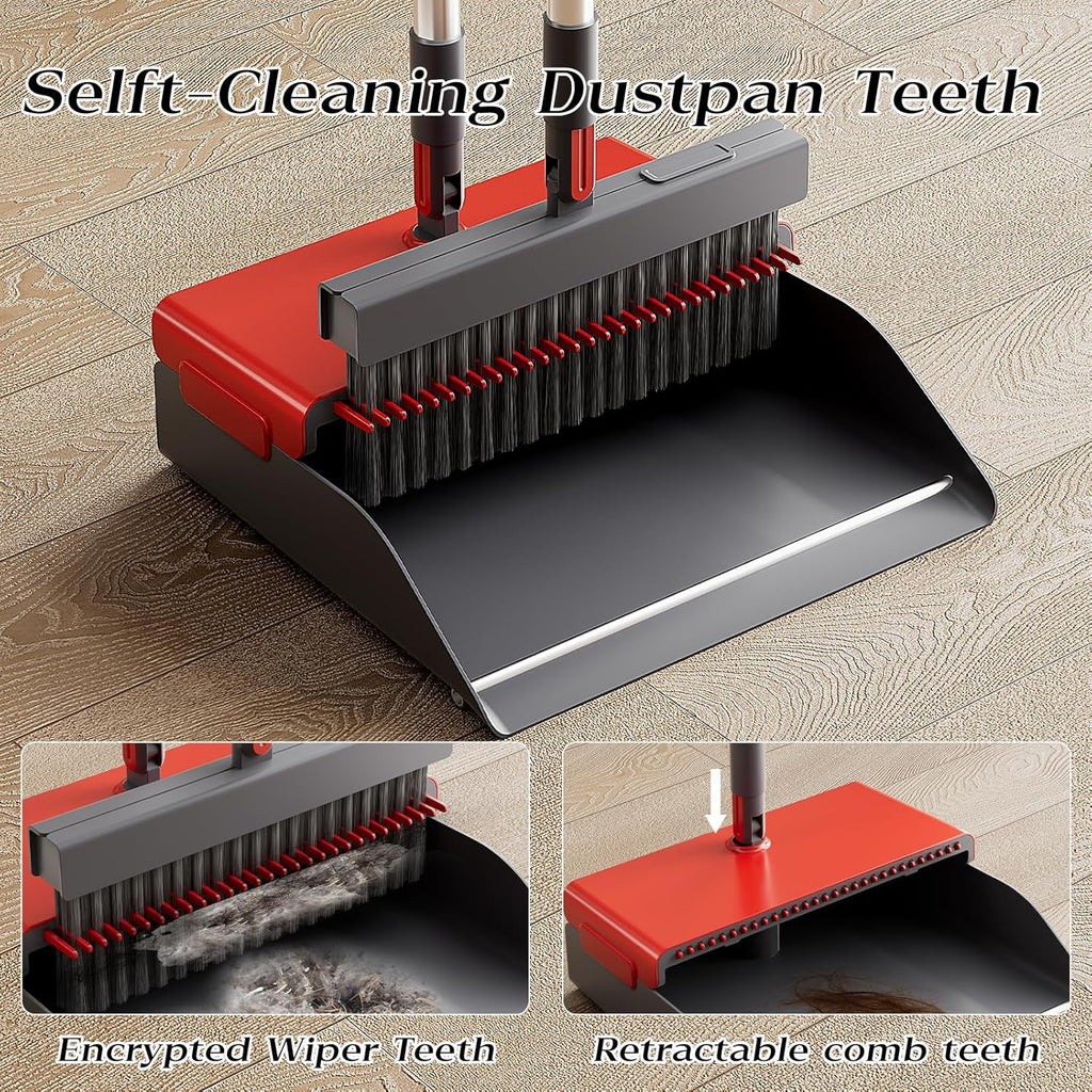 Broom with Dustpan Combo Set 180 Degree Rotating Broom Set with Comb Teeth Upright Standing Dust Pan with Adjustable Long Handle for Home Room Kitchen