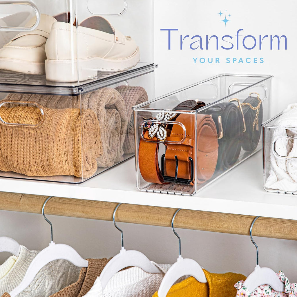Plastic Food Storage 6 Pack Clear Container Bin with Handles for Organizing Kitchen, Pantry, Refrigerator, Freezer, Pantry, Cabinet, Closet, Bathroom. 14”x4”x5”