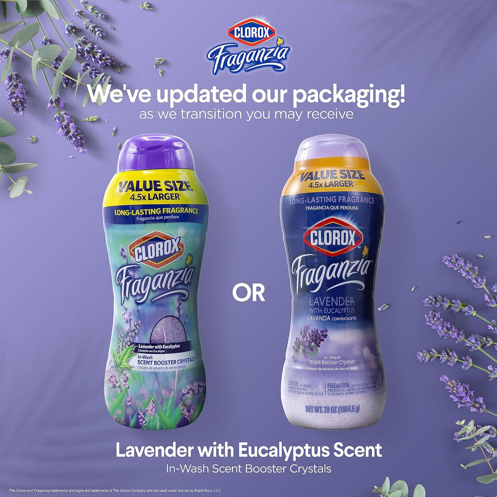 Clorox Fraganzia Laundry Scent Booster Crystals in Lavender with Eucalyptus Scent - Scented In-Wash Freshener Beads for Fresh, Clean, Great Smelling Clothes and Linens, 70 Oz