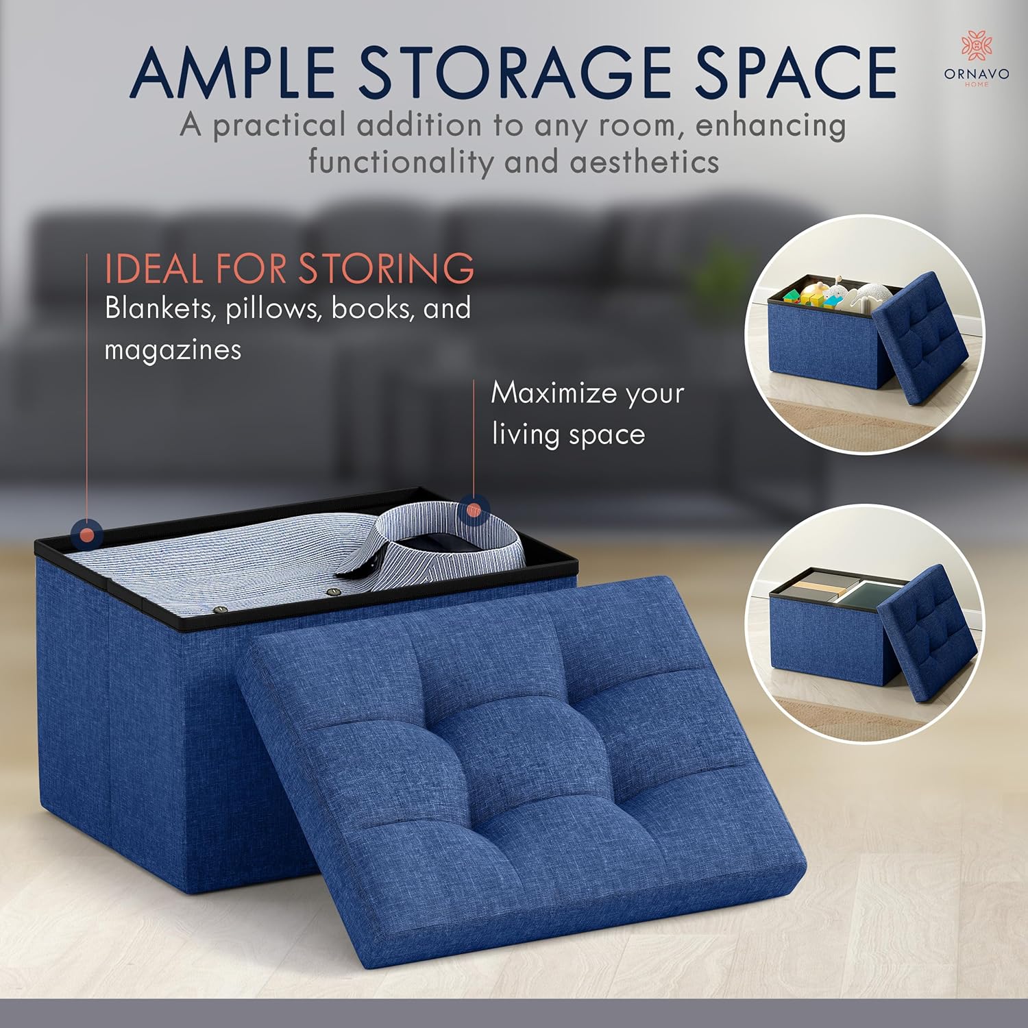 Ornavo Home Small Storage Ottoman Foldable Collapsible Rectangle Linen Ottoman Foot Rest Stool Seat, for Living Room, Bedroom, Home Office, Dorm - 12 x 16 x 12, Navy Blue