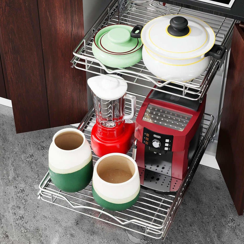 HOLDN’ STORAGE Two Tier Pull Out Cabinet Organizer, Individual Sliding Drawers - Heavy Duty Metal with Lifetime Limited Warranty - Anti Rust Chrome Finish - 15" W x 21”D x 16.5" H