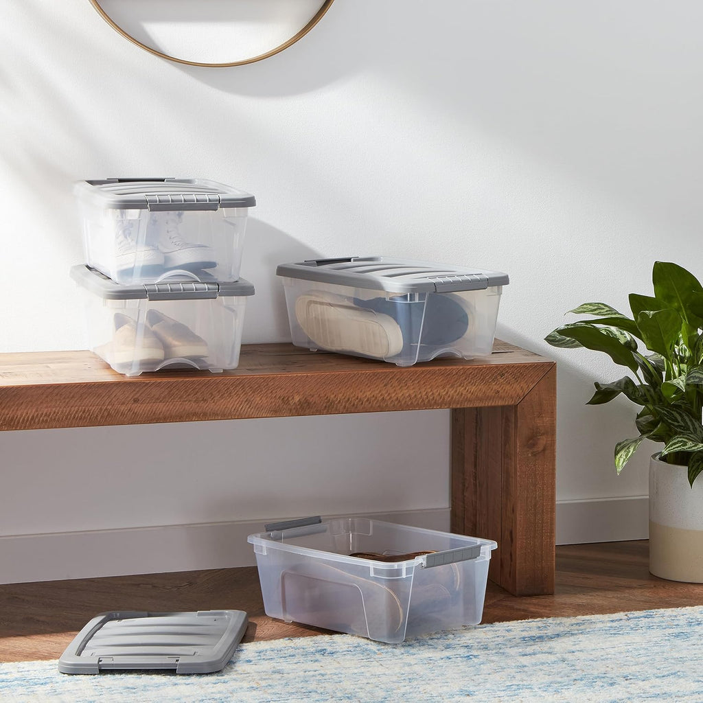 Amazon Basics Plastic Storage Containers with Secure Latching Lids, Stackable Organization Bins, Clear/Grey, 12 Quart, Set of 6