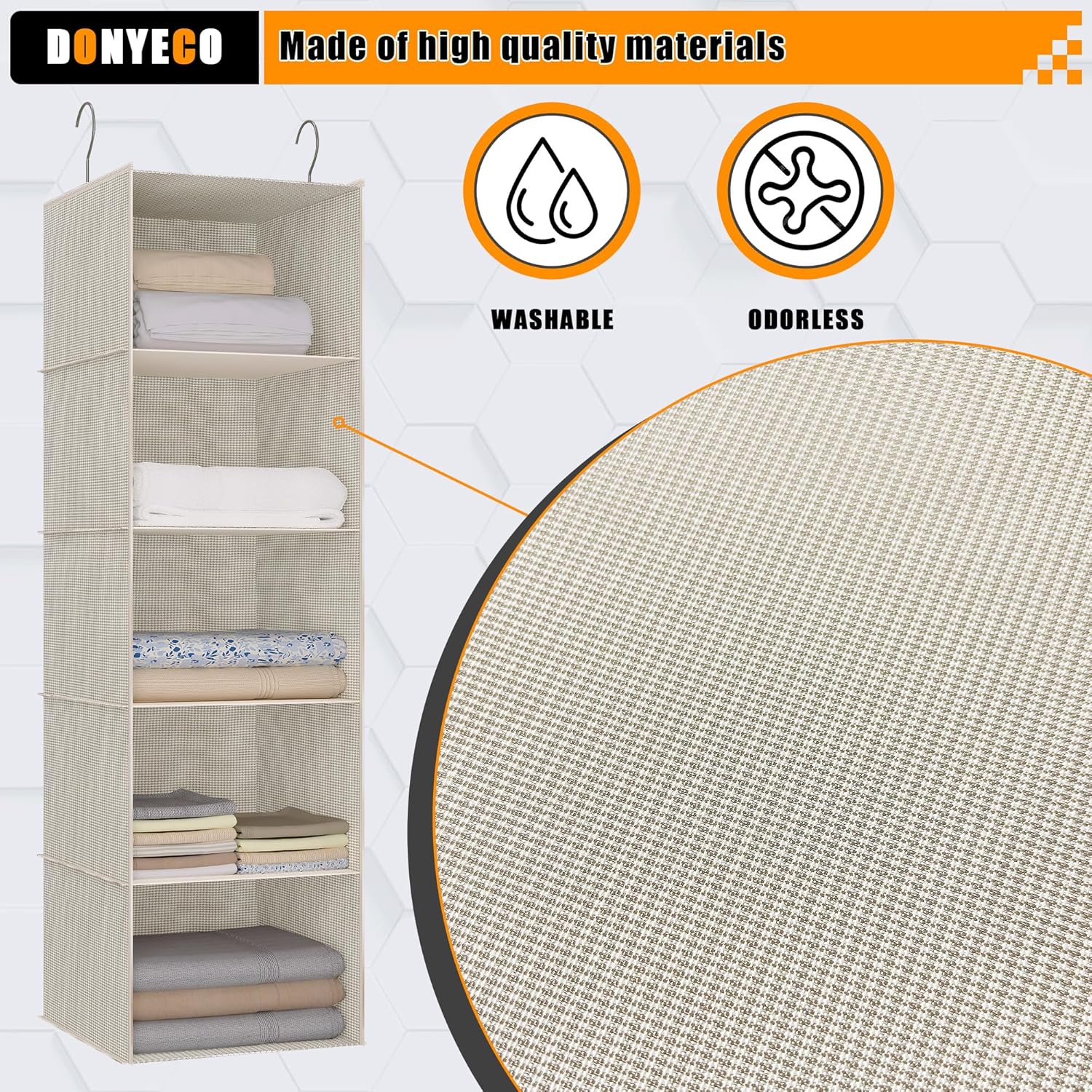 Hanging Closet Organizer, Easy Mount Foldable 5-Shelf Hanging Closet Wardrobe Storage Shelves, Clothes Handbag Shoes Accessories Storage, Imitation Linen Fabric, Beige Houndstooth