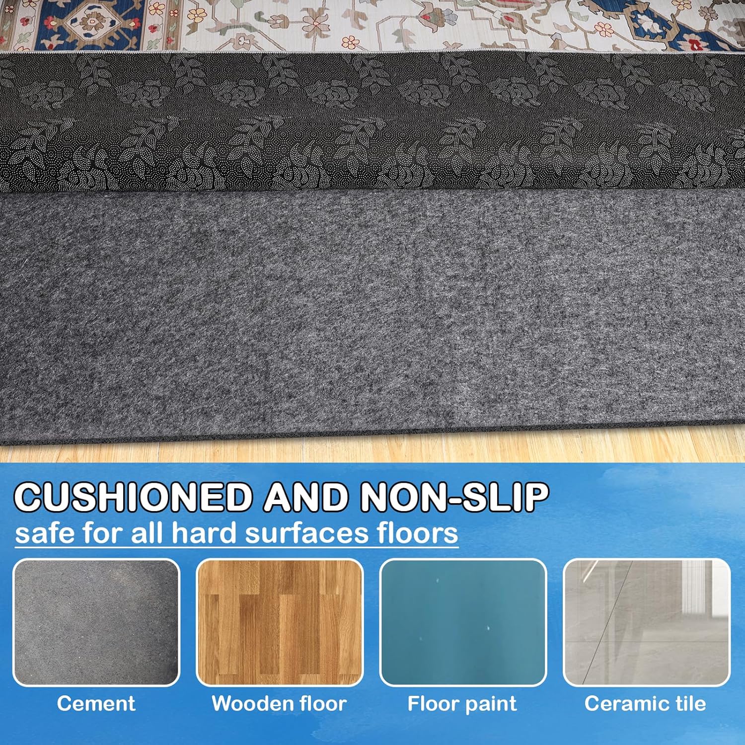 Non-Slip Rug Pads 1/4” Thick, 7x9Ft Waterproof Rugs Non Skid Rug Pad for All Floors and Finishes Durable Hardwood Floor Protective Felt Keeps Rugs in Place, Safe and Secure