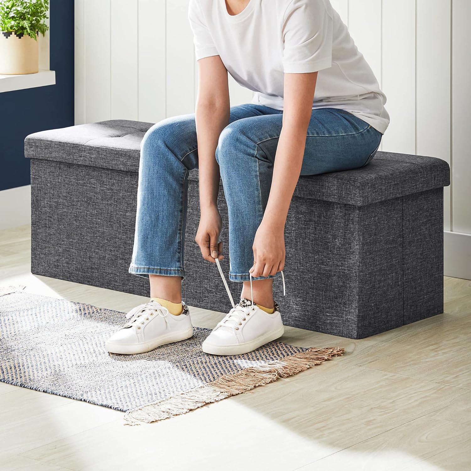 SONGMICS MAZIE Collection - 43 Inches Storage Ottoman, Foldable Storage Bench with Flipping Lid, 660 lb Load Capacity, for Entryway, Living Room, Bedroom, Dark Gray ULSF76GYZ