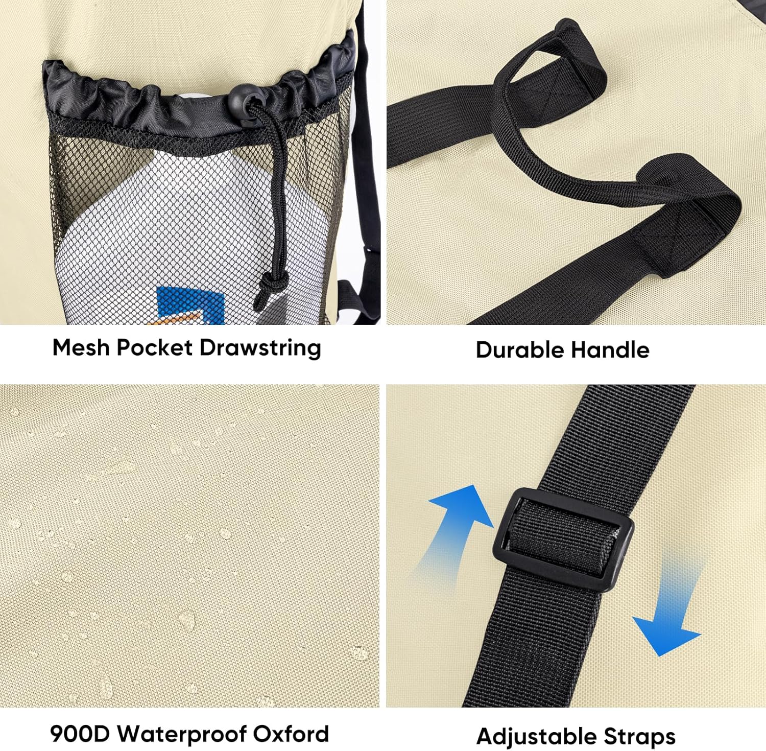 BALEINE 120L Laundry Bag Backpack, 900D Oxford Fabric Large Travel Laundry Bags with Shoulder Straps and 2 Mesh Pockets for College Dorm, Apartment, Laundromat (Beige, 120L)