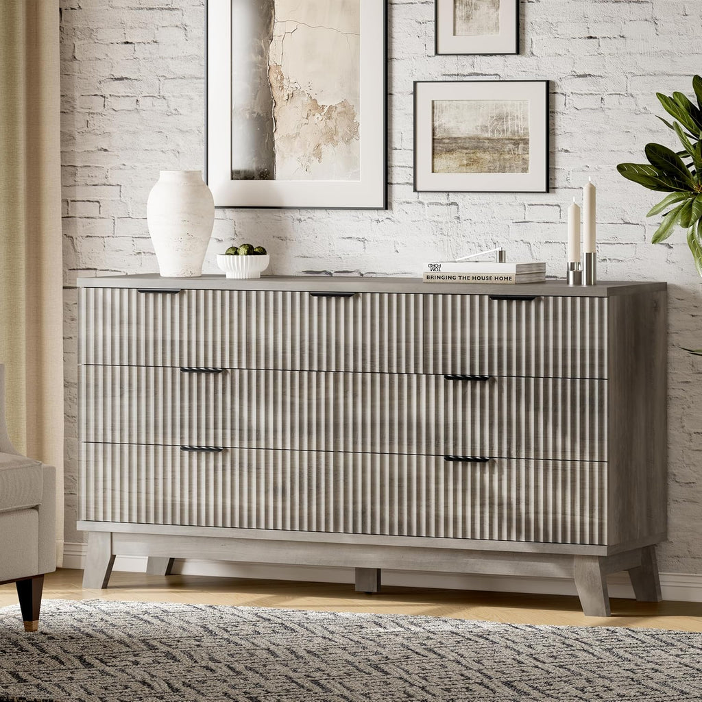 Fluted Dresser with 7 Drawers, 58" Wide Modern Chest of Drawers with Metal Handle, Wooden Dresser TV Stand, Wood Closet Clothes Storage Organizer for Bedroom, Living Room, Hallway, Light Grey