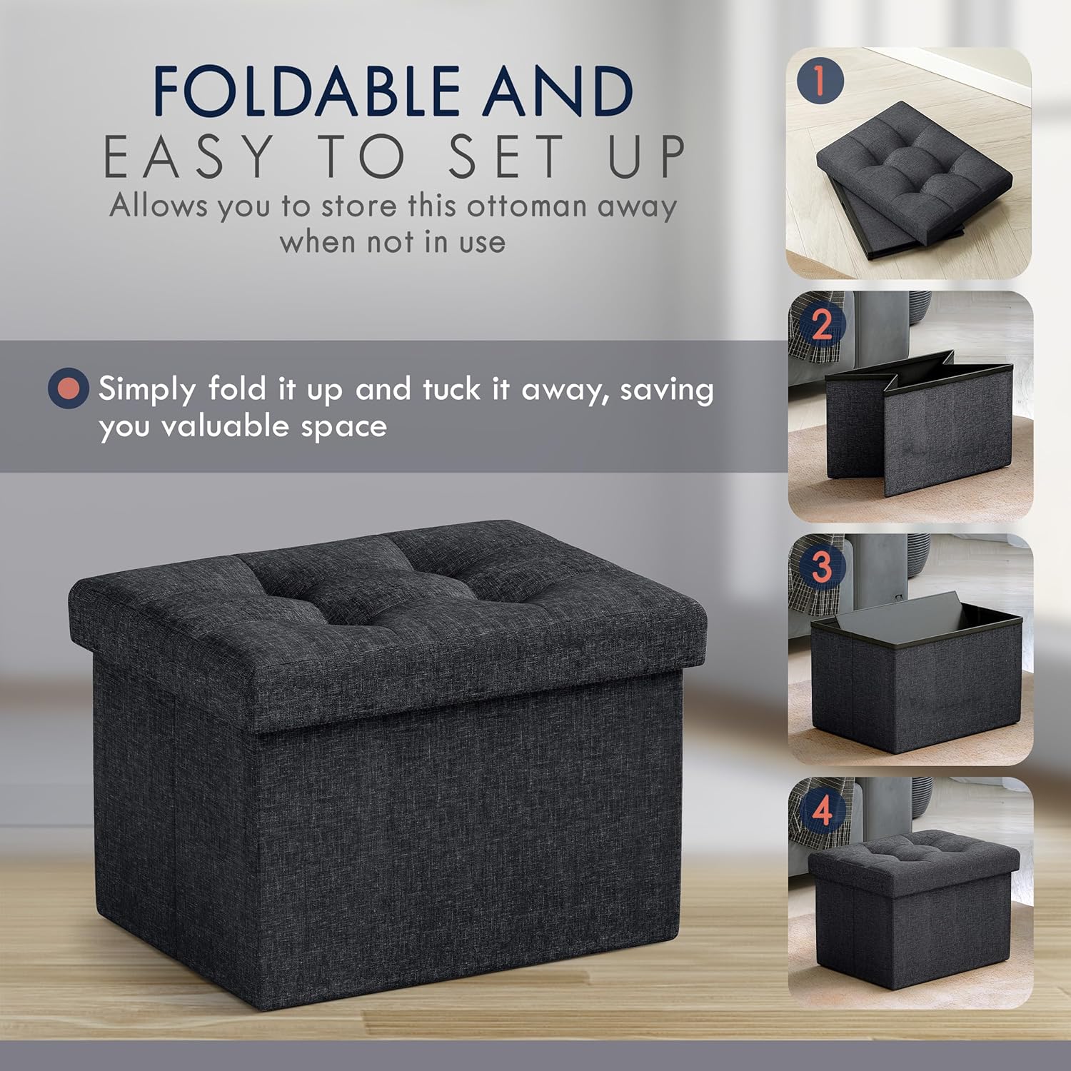 Ornavo Home Small Storage Ottoman Foldable Collapsible Rectangle Linen Ottoman Foot Rest Stool Seat, for Living Room, Bedroom, Home Office, Dorm - 12 x 16 x 12, Black