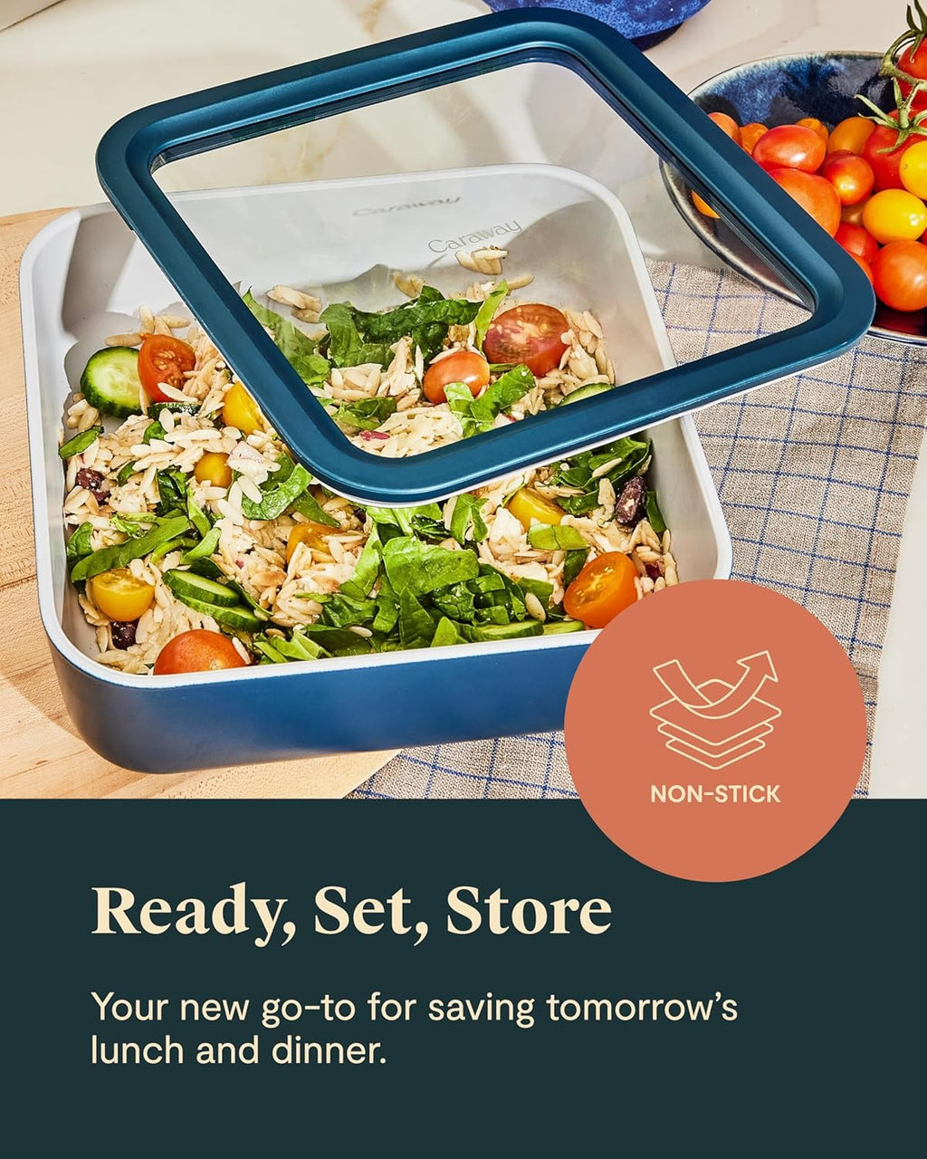 Caraway 6pc Glass Food Storage Set – 10 Cup Food Containers (6) - Ceramic Coated - Non Toxic, Non Stick with Lids - Microwave Safe - Navy