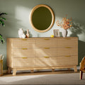 Fluted Dresser with 9 Drawers, 63" Wide Modern Chest of Drawers with Metal Handle, Wooden Dresser TV Stand, Wood Closet Clothes Storage Organizer for Bedroom, Living Room, Hallway, Natural Oak