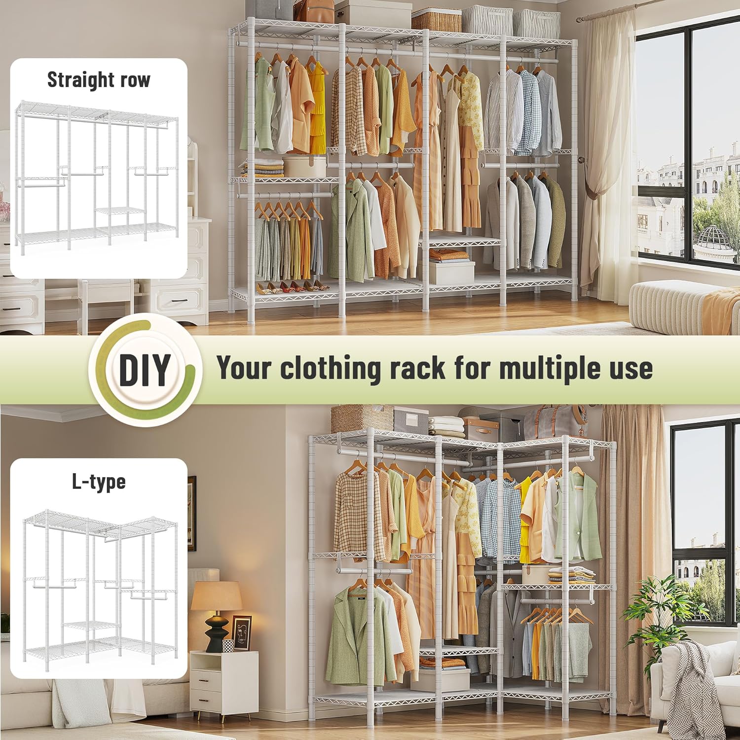 Raybee Heavy Duty Clothes Rack for Hanging Clothes,Clothing Rack with Shelves, Adjustable,76" W x 77" H x 18" D,Max Load 1150lbs,White