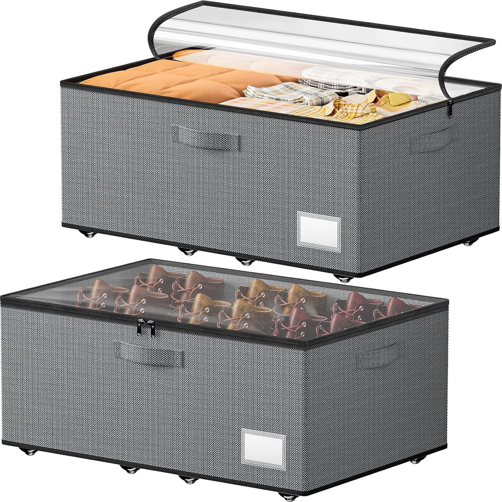Underbed Storage with Wheels, 2 Pack Under Bed Storage Containers with Clear Lids, No Assembly Required 10.1 inch Rolling Under Bed Storage for Clothes, Grey