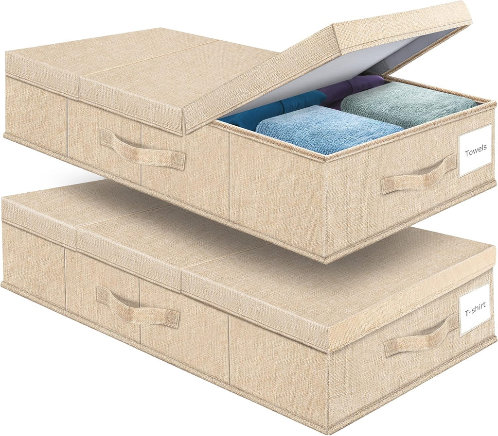 Underbed Storage Containers Bin with Lids (Set of 2) Large Under Bed Storage Organizer Box with Handle, Foldable Under the Storage Bags for Organizing Clothes, Shoes, Blankets, Pillows-Khaki