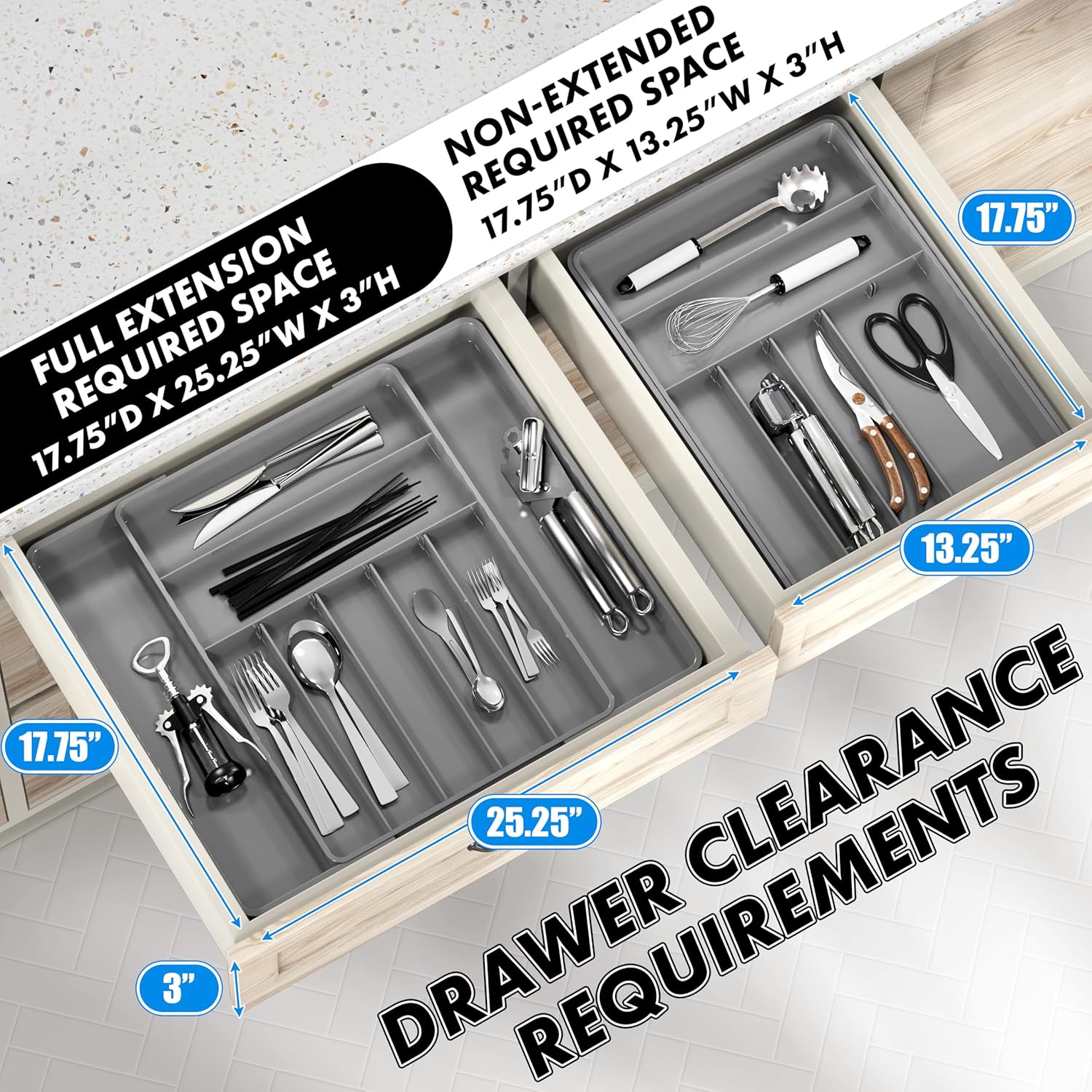Simple Houseware Expandable Kitchen Drawer Flatware Organizer, Gray – Adjustable Cutlery Tray with 9 Compartments for Utensils and Silverware