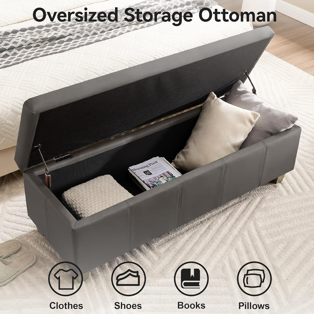 51" Faux Leather Storage Ottoman, Stitch Tufted Rectangle Upholstered End of Bed Storage Bench, Entryway Large Couch Ottoman with Wooden Legs,Dark Grey