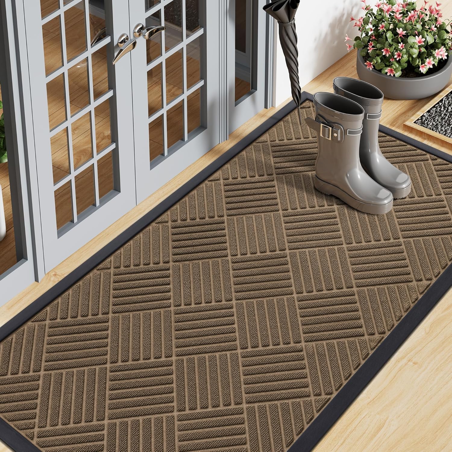 Smiry Front Door Mat Outside Entrance, Heavy Duty Outdoor Indoor Natural Rubber Doormat, Non Slip, Trap Dirt and Moisture, Easy Clean, Low Profile Patio Porch Entryway Mat, 59x20, Brown
